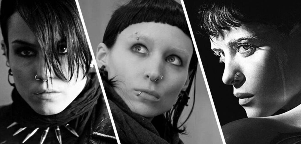 tres fotos das atrizes que representam a Lisbeth Salander