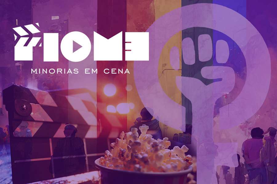 Logotipo FioMe com fundo em faixas coloridas da bandeira LGBTPNQIA+ e o símbolo feminista.