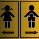 Placa amarela com imagem simbólica de meninas à esquerda e meninos à direita - típicas de banheiro