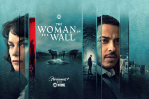 A mulher na parede escrito em ingles com fragmentos de imagnes dos protagonistas a mulher, Lorna e o investigador Colman