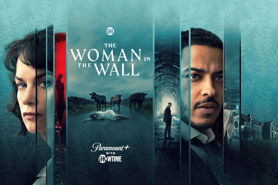 A mulher na parede escrito em ingles com fragmentos de imagnes dos protagonistas a mulher, Lorna e o investigador Colman
